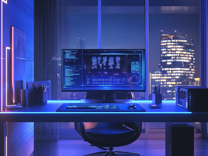 A futuristic workspace featuring an AI PC and smart home devices