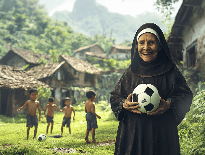 A picturesque Brazilian village with children playing soccer in the foreground, representing Sister Maria's childhood