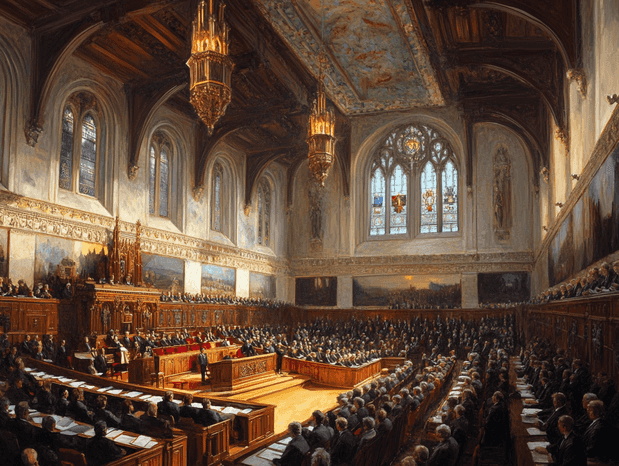 A bustling scene of Canadian Parliament in session