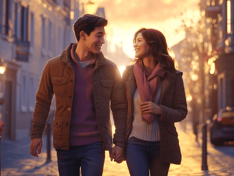 A romantic couple holding hands in a picturesque city setting, symbolizing love and commitment