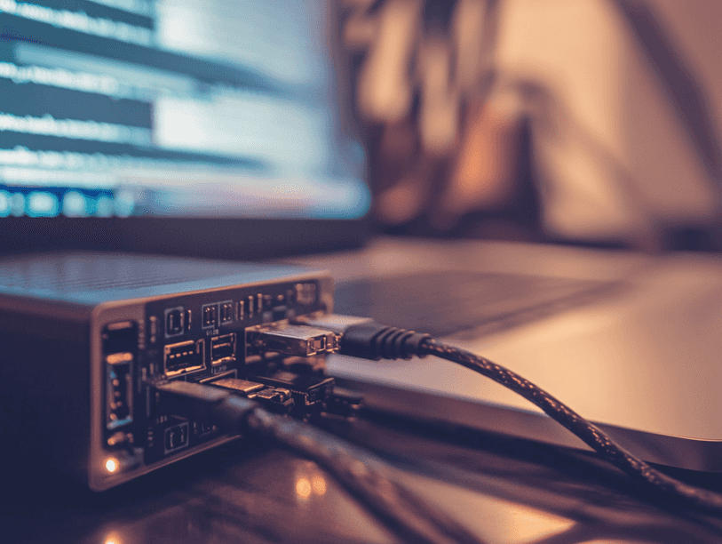 Close-up of a high-speed cable connected to a laptop and external SSD