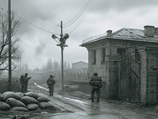 A fortified checkpoint with soldiers standing guard in a tense atmosphere