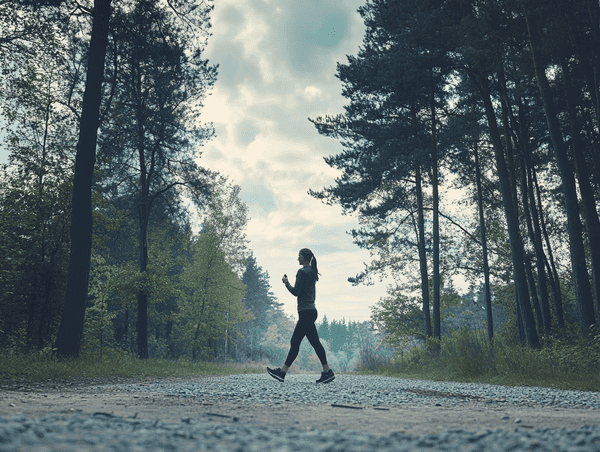 A person walking briskly in a park while checking their smartwatch for heart rate data