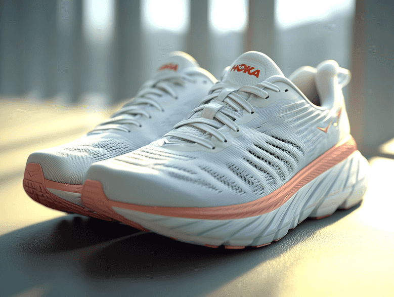 A close-up of Hoka Bondi shoes on a gym floor