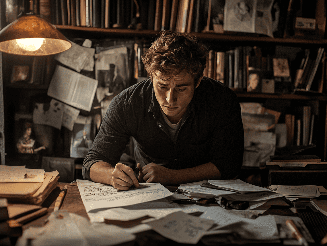 A behind-the-scenes shot of Jeremy Allen White preparing for a role, surrounded by scripts and notes