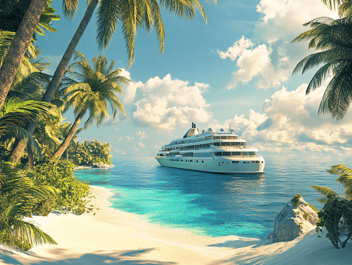 A cruise ship docked at a tropical island with turquoise waters and palm trees