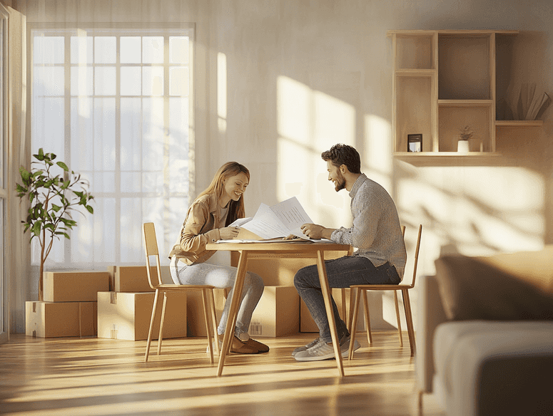 A happy couple signing mortgage documents in their new home