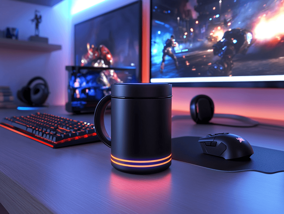 A gamer holding the Bluetooth mug with glowing LED lights, sitting in front of a gaming monitor