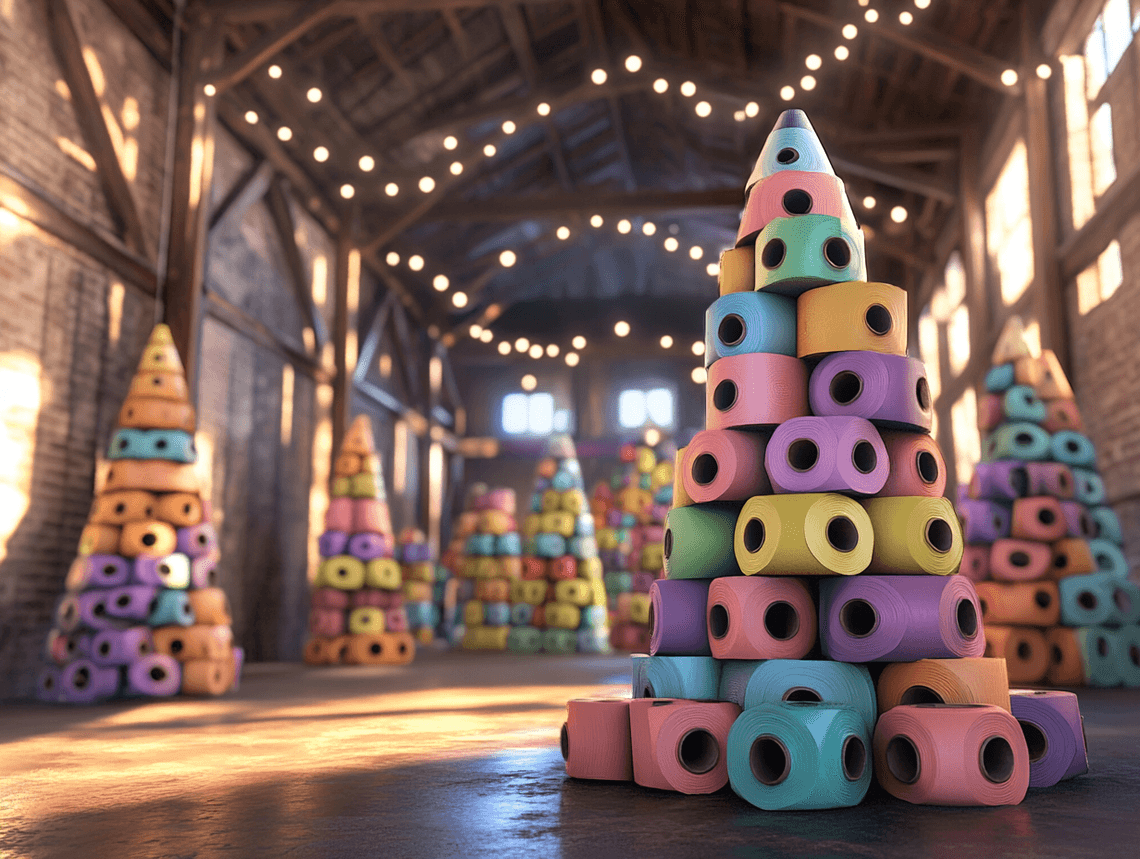 A woman surrounded by gift boxes, looking surprised and amused