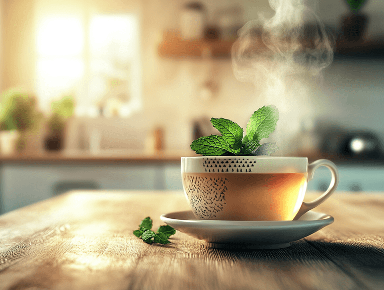 A steaming cup of green tea with fresh mint leaves