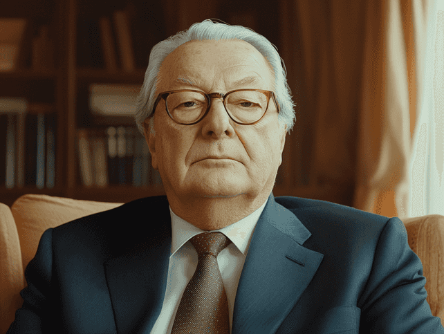 Jean-Marie Le Pen addressing a crowd at one of his rallies, passionately gesturing