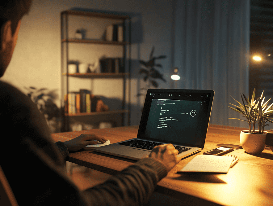 A person working on a laptop with a timer running in the background, symbolizing efficient time management