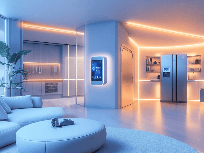 A futuristic tech display at CES 2025, showcasing cutting-edge gadgets and innovations