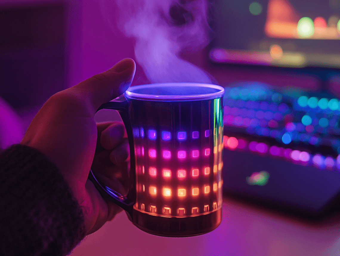 A sleek Bluetooth-enabled gaming mug on a desk with a gaming setup in the background