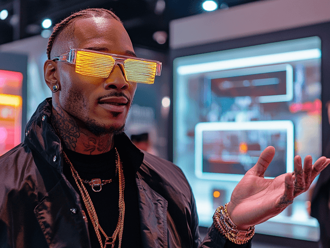 Stephon Marbury showcasing the Chamelo glasses at CES 2025