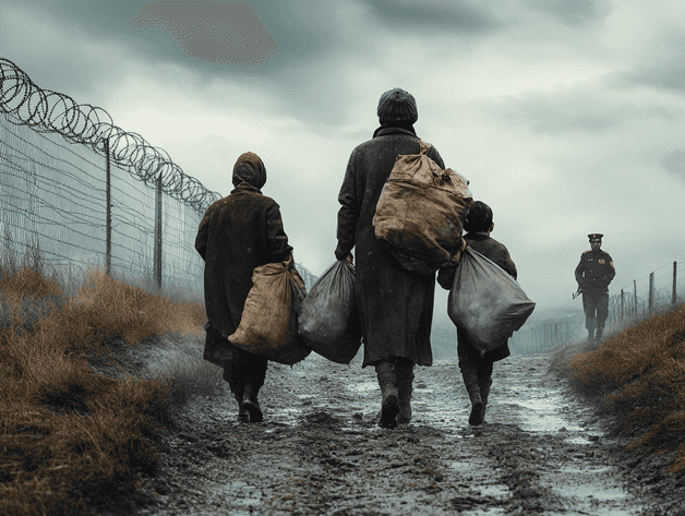 A family of refugees walking toward a border