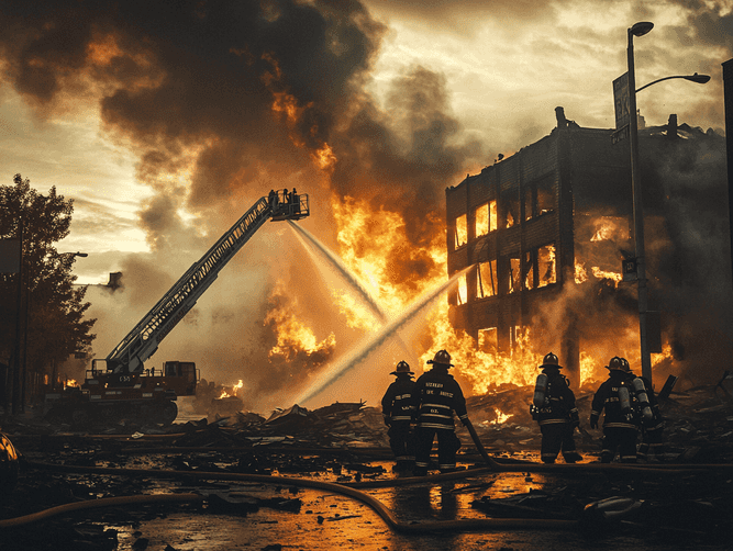 Firefighters battling flames with hoses in a dense urban environment