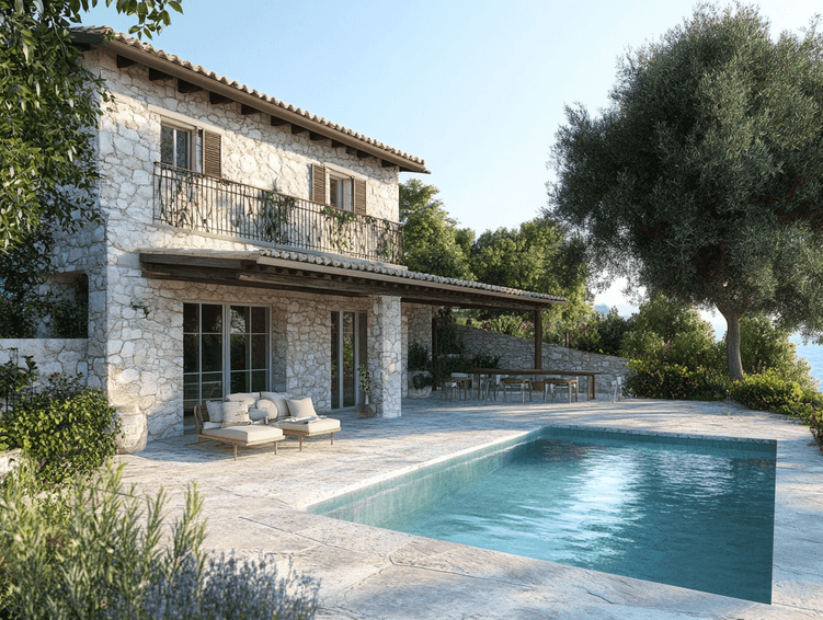 A serene villa in Corfu surrounded by olive trees and overlooking the sea