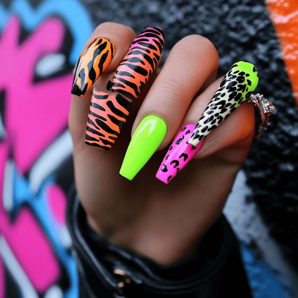 Bright and bold nail designs featuring neon colors and animal prints
