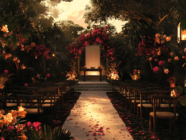 A romantic wedding setup in an outdoor garden with elegant decor and a dreamy atmosphere