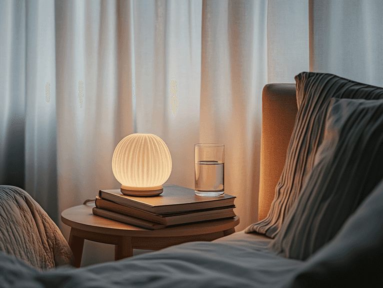 A person enjoying light therapy while working at a desk