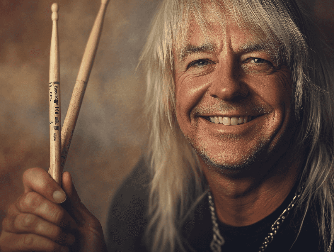 A hopeful image of Mikkey Dee smiling and holding drumsticks, symbolizing his determination to recover and return to music