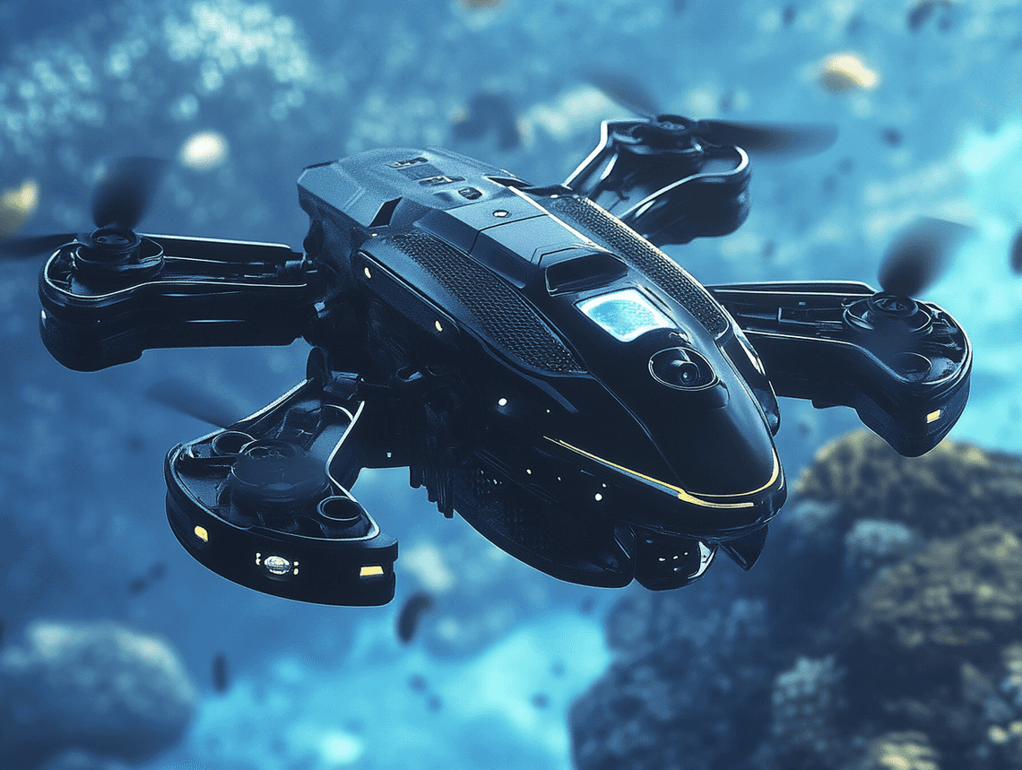 A high-tech underwater drone floating in the ocean, surrounded by deep blue water