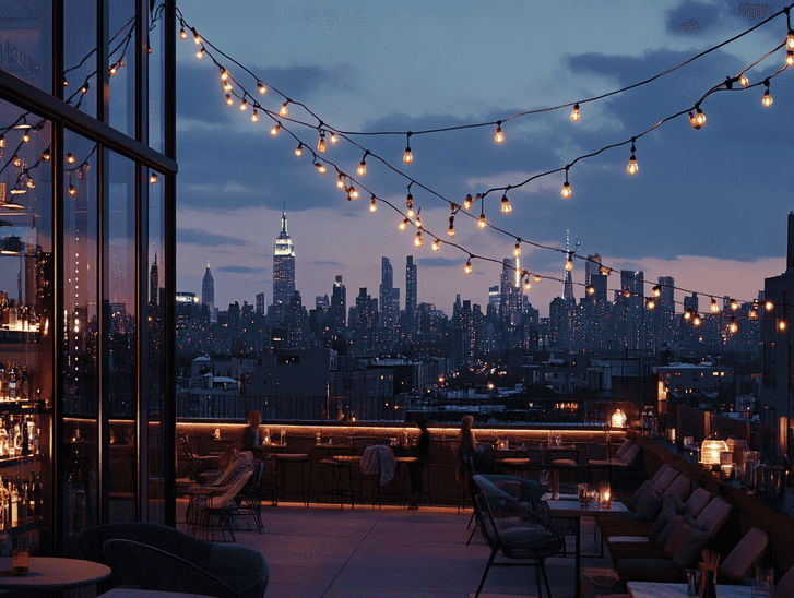 A vibrant New York City rooftop bar with twinkling lights and a stunning view of the skyline.