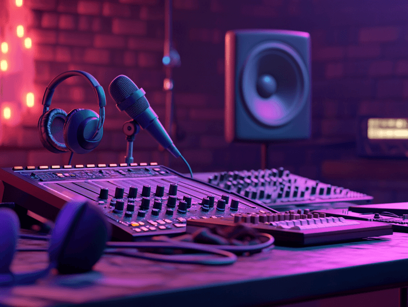 A music studio with headphones and a microphone, representing Diplo's career
