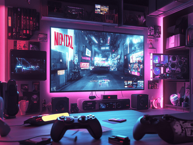 A sleek Netflix interface displayed on a smart TV with a remote in hand