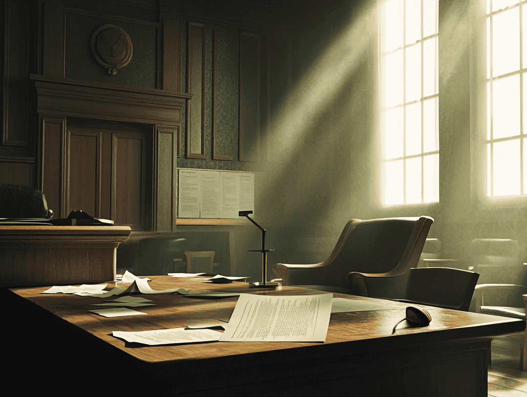 A courtroom scene symbolizing justice and legal proceedings