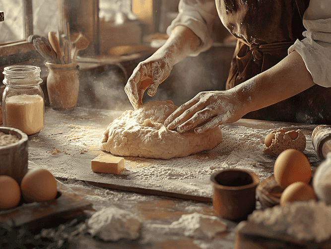 A cozy home setup with art supplies and a cup of tea on a wooden table