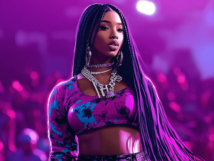 Nicki Minaj in a glamorous outfit, standing confidently on stage