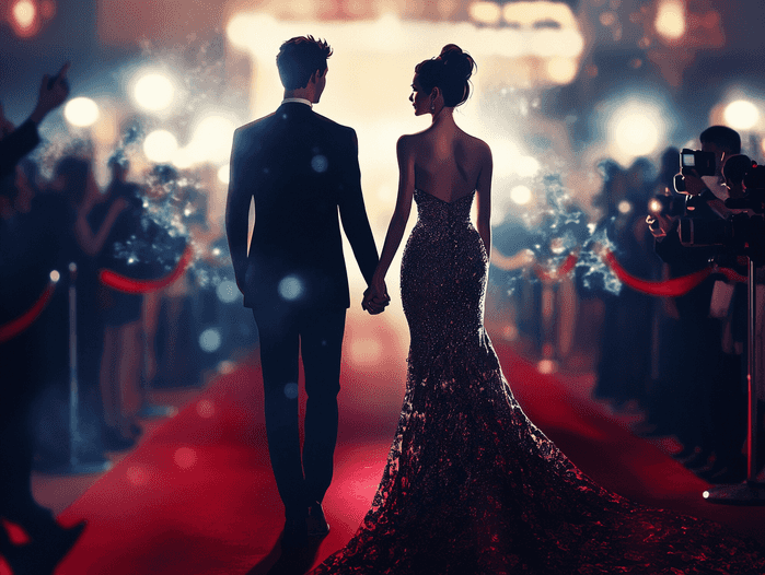 Zendaya and Tom Holland walking hand-in-hand at a glamorous red carpet event, dressed in stunning formal attire