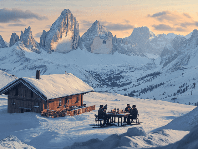 A cozy mountain lodge with snow-covered peaks in the background