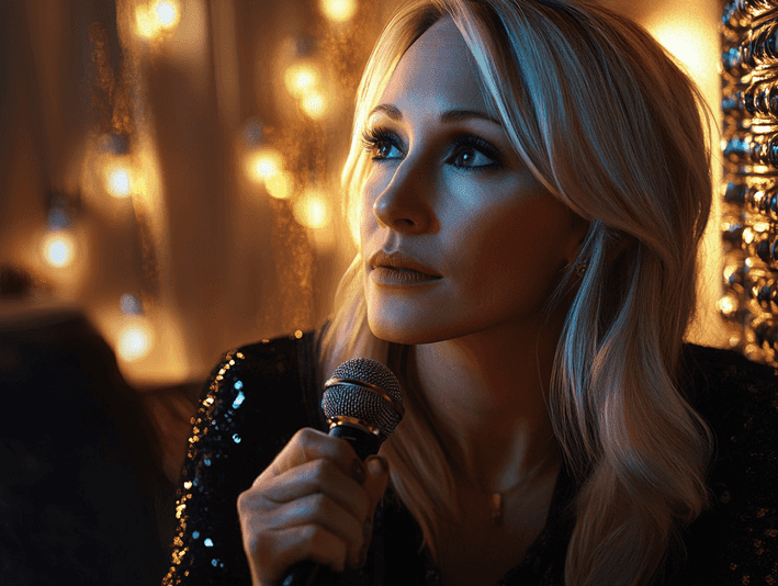 Nikki Glaser speaking at a glamorous event, highlighting her role as a Golden Globes host