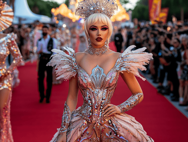 Katy Perry at a glamorous event with drag queens in vibrant costumes