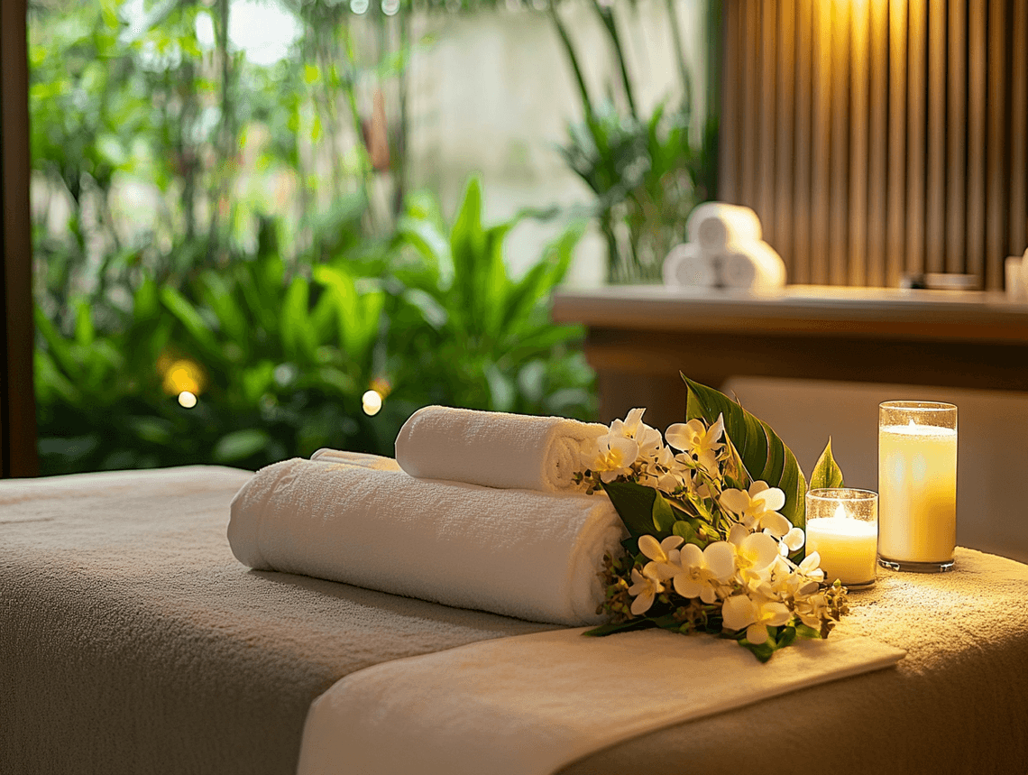 A romantic spa setup with candles and flowers