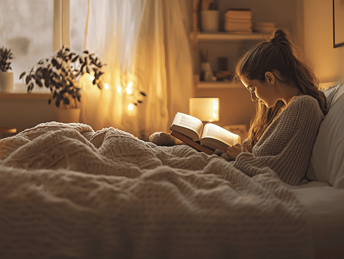 A serene bedroom with soft lighting and a journal on the bedside table