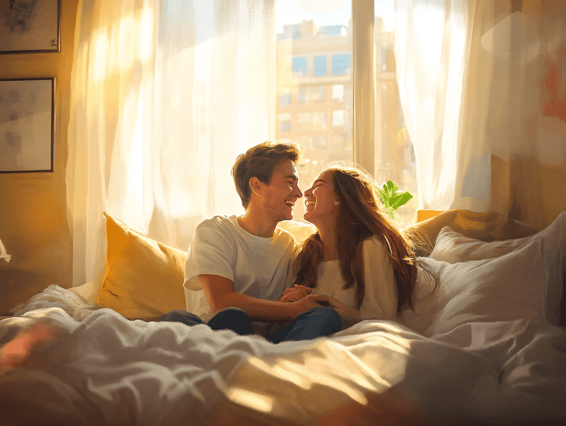 A playful couple laughing together in a cozy bedroom setting