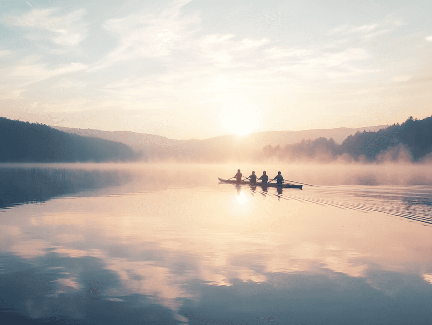 A person rowing on an indoor rowing machine in a bright gym setting