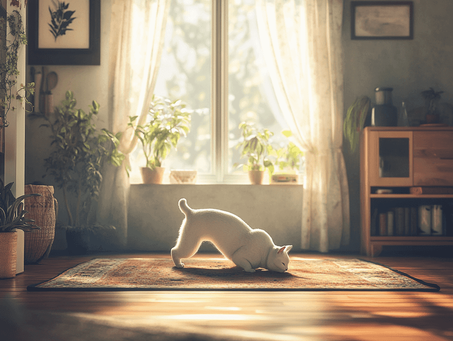 A person smiling while performing a side stretch in a bright studio