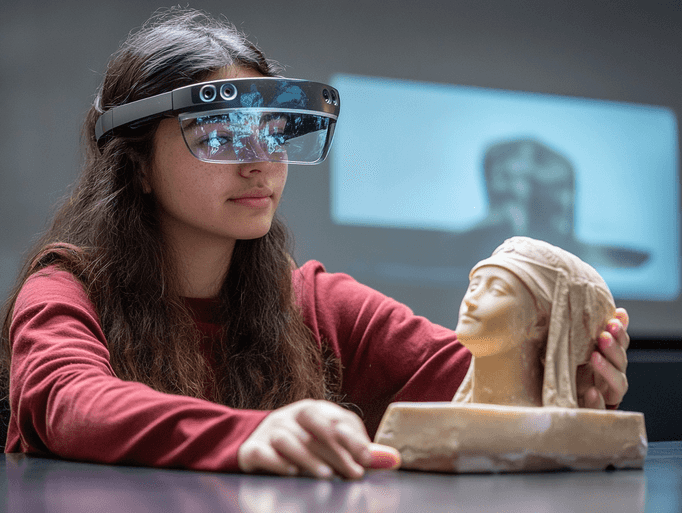 A professional using 3D holographic smartglasses in a medical setting