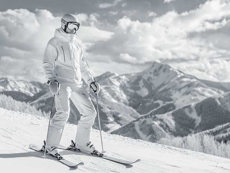 A fashionable monochromatic ski suit worn on the slopes of Aspen