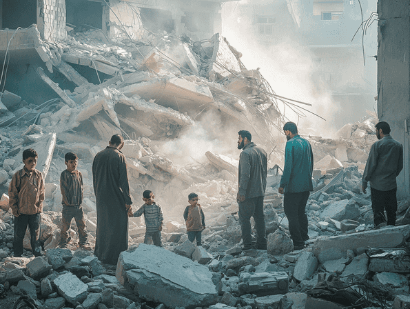 A group of civilians seeking shelter amidst rubble, highlighting the human cost of the conflict