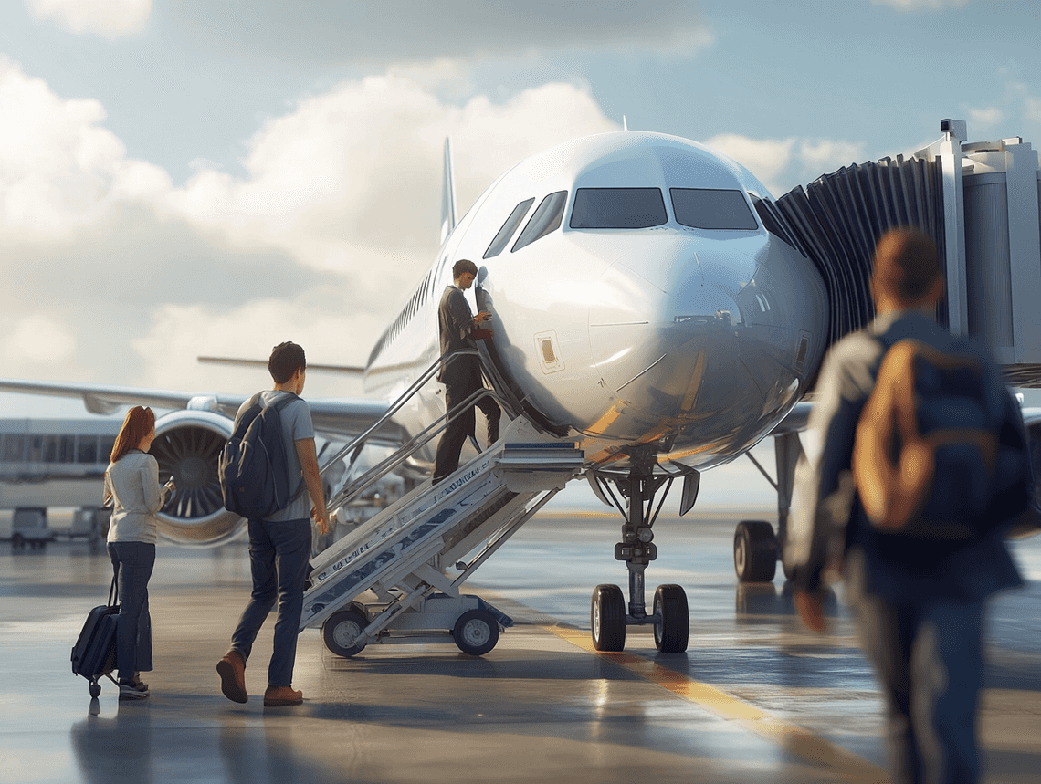 A modern airplane taking off at sunrise, symbolizing punctuality and efficiency