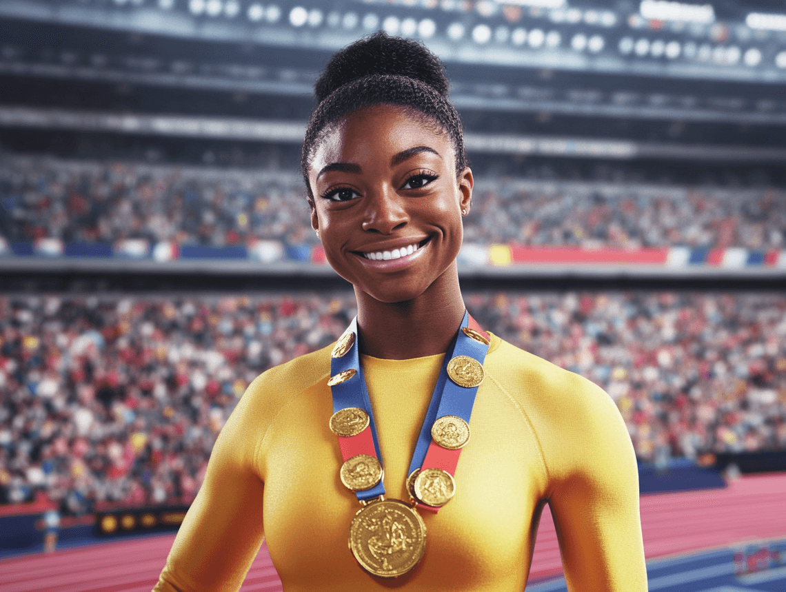 Simone Biles mid-performance during a gymnastics routine, defying gravity