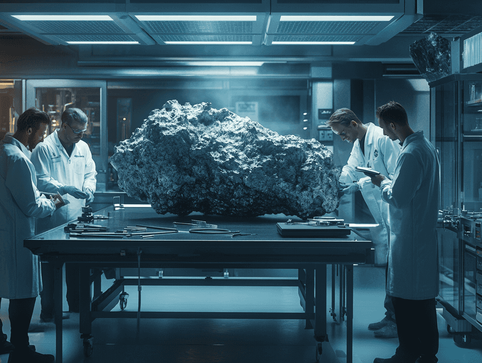A group of scientists examining a piece of space debris in a laboratory setting