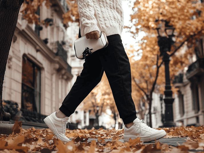 A close-up of a neutral-toned sweater with soft, textured fabric paired with sleek, modern sweatpants