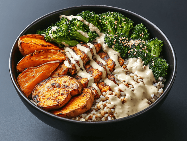 A colorful Buddha bowl with tempeh, roasted vegetables, and tahini dressing